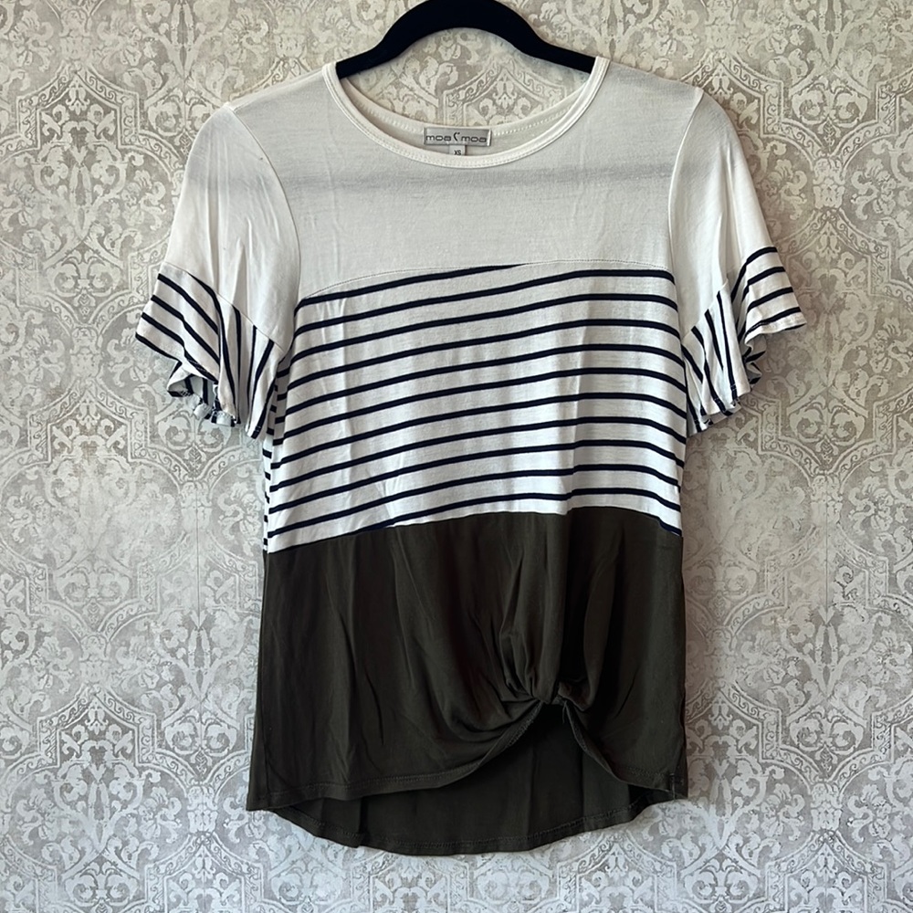 Moa Moa green / navy / white paneled striped top, size XS